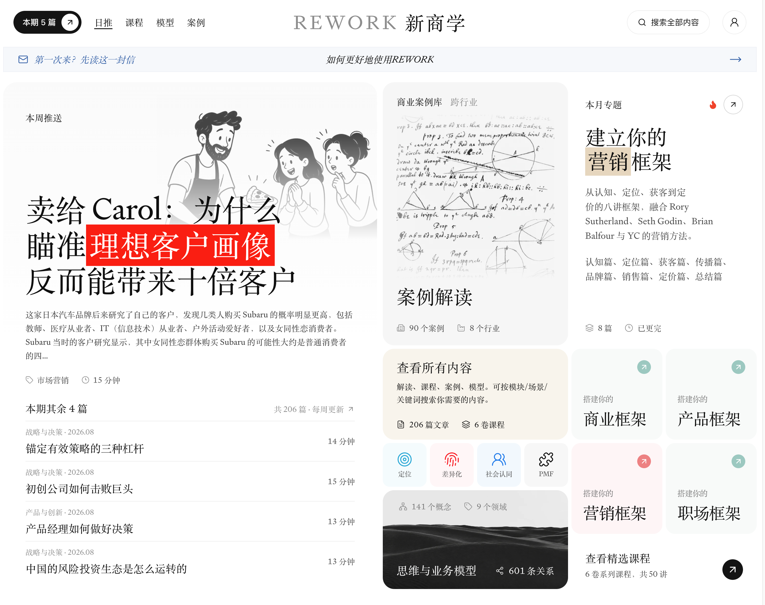 Rework 阅览室实景:本期文章、商业案例、商学专题与思维模型;手机端完整展示问候、搜索、文章卡片和底部导航